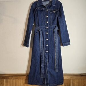 Shein Maxi LongSleeve Collar Belted Waist Flap Pockets Button Denim Dress 6/Med